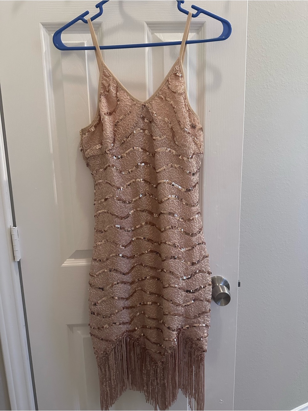 Sequin Fringe Mini Slip Dress in Blush Pink